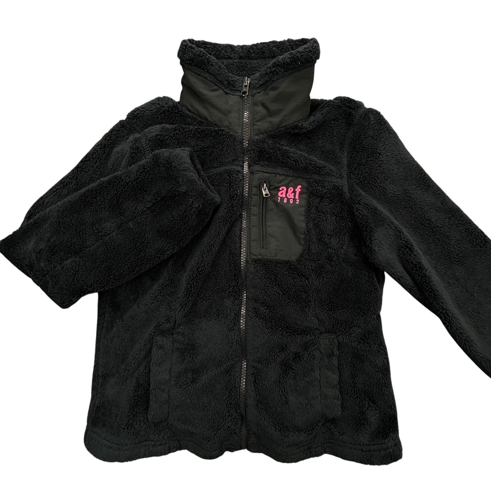 Abercrombie Fleece Jacket Kids M Black Sherpa Full Zip Pink Logo Mock Neck